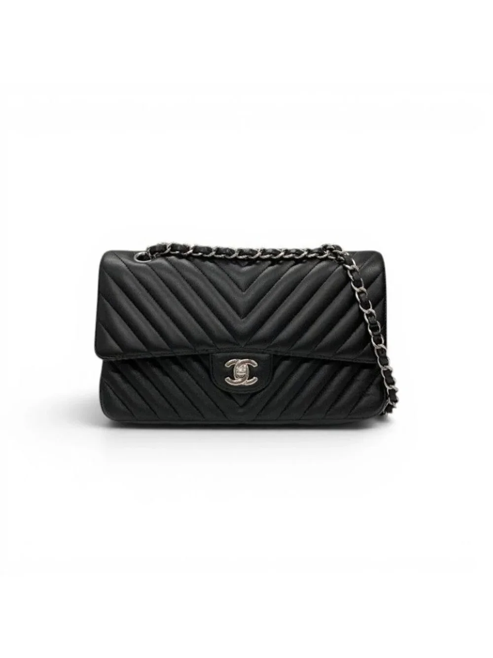 Chanel Shoulder Bag Black Silver Blanc CC Logo Stitch Double Chain Flap Turnlock